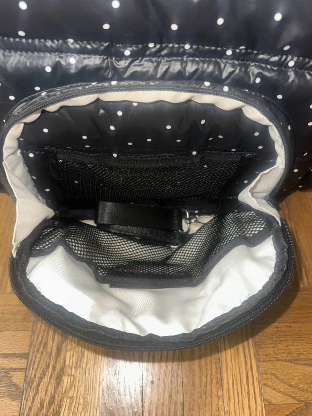 Black Puffer Backpack with White Polka Dots